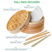 Load image into Gallery viewer, 2-Tier Bamboo Steamer Basket 10 Inch with 2 Pairs Chopsticks, Tongs and 50 Paper Liners Shefu choice
