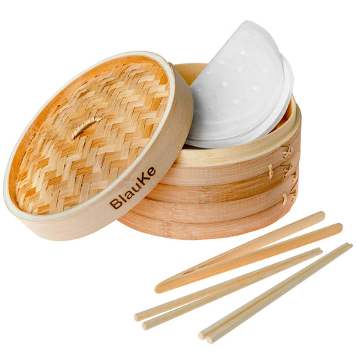2-Tier Bamboo Steamer Basket 10 Inch with 2 Pairs Chopsticks, Tongs and 50 Paper Liners Shefu choice